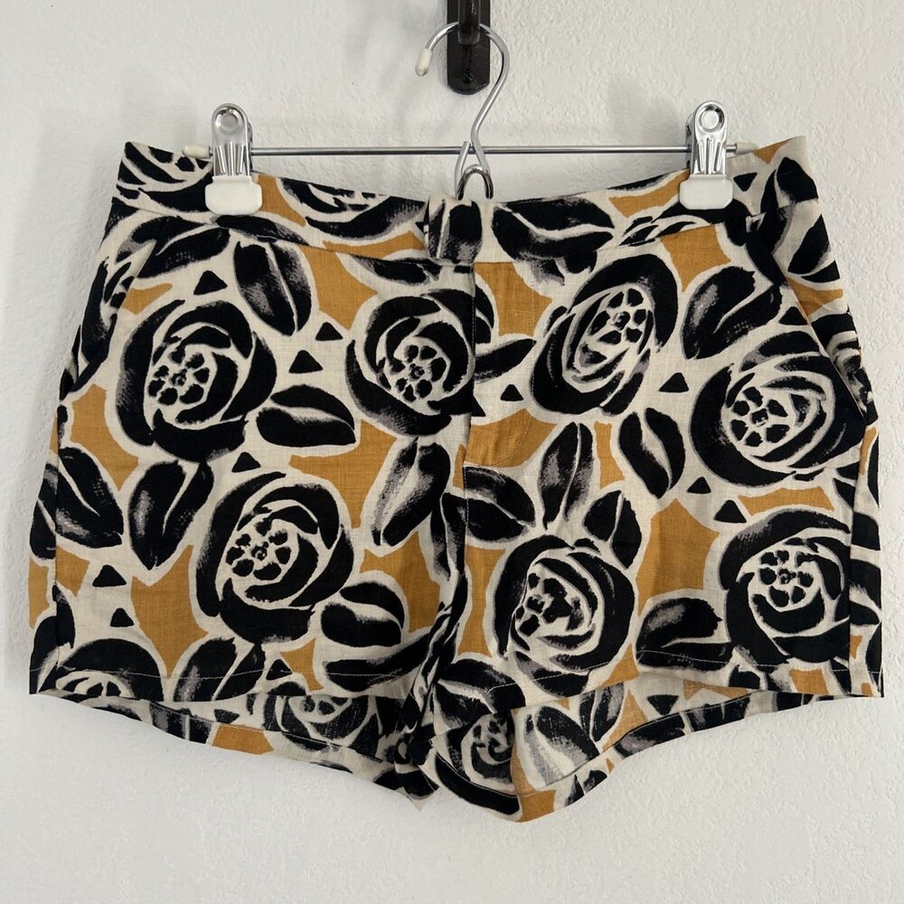 Lucky Brand Shorts Black & Mustard Yellow Floral Linen Chino Beach Boho Sz 4